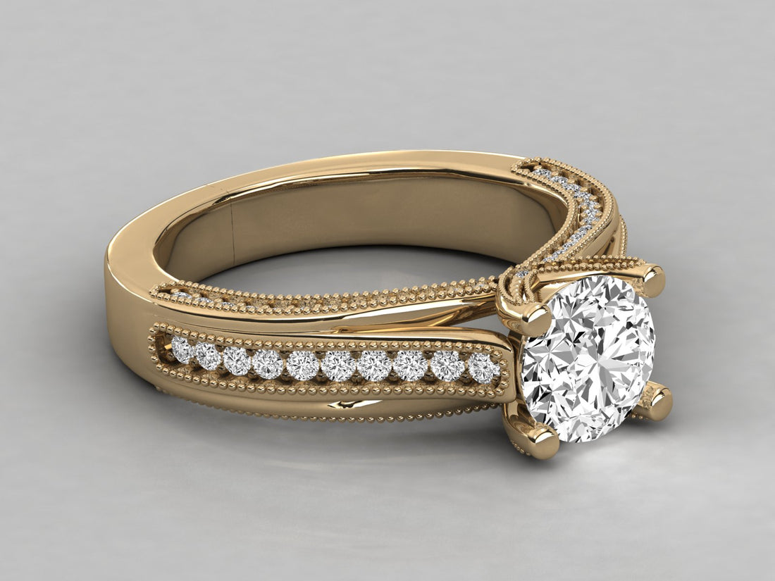 9K GOLD SOLITAIRE ROUND CUT LAB GROWN DIAMOND LADIES BRILLIANT RING.