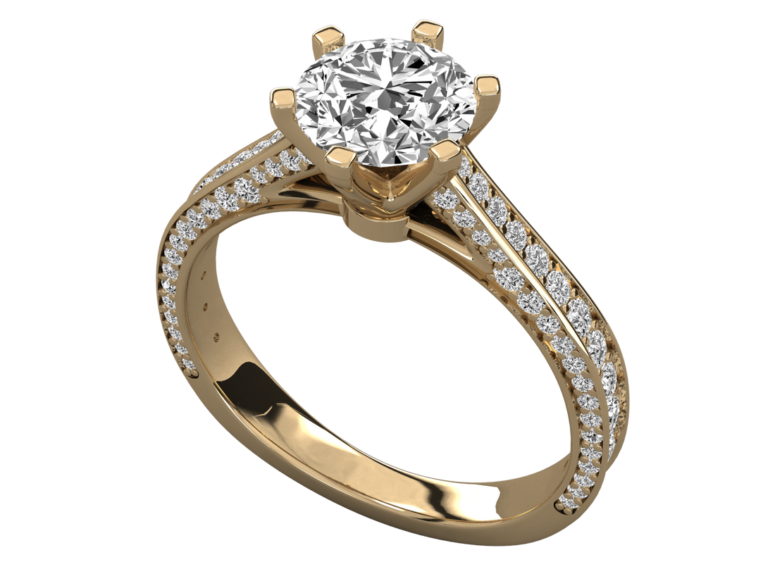 9K GOLD SOLITAIRE ROUND CUT LAB GROWN DIAMOND LADIES BRILLIANT RING.