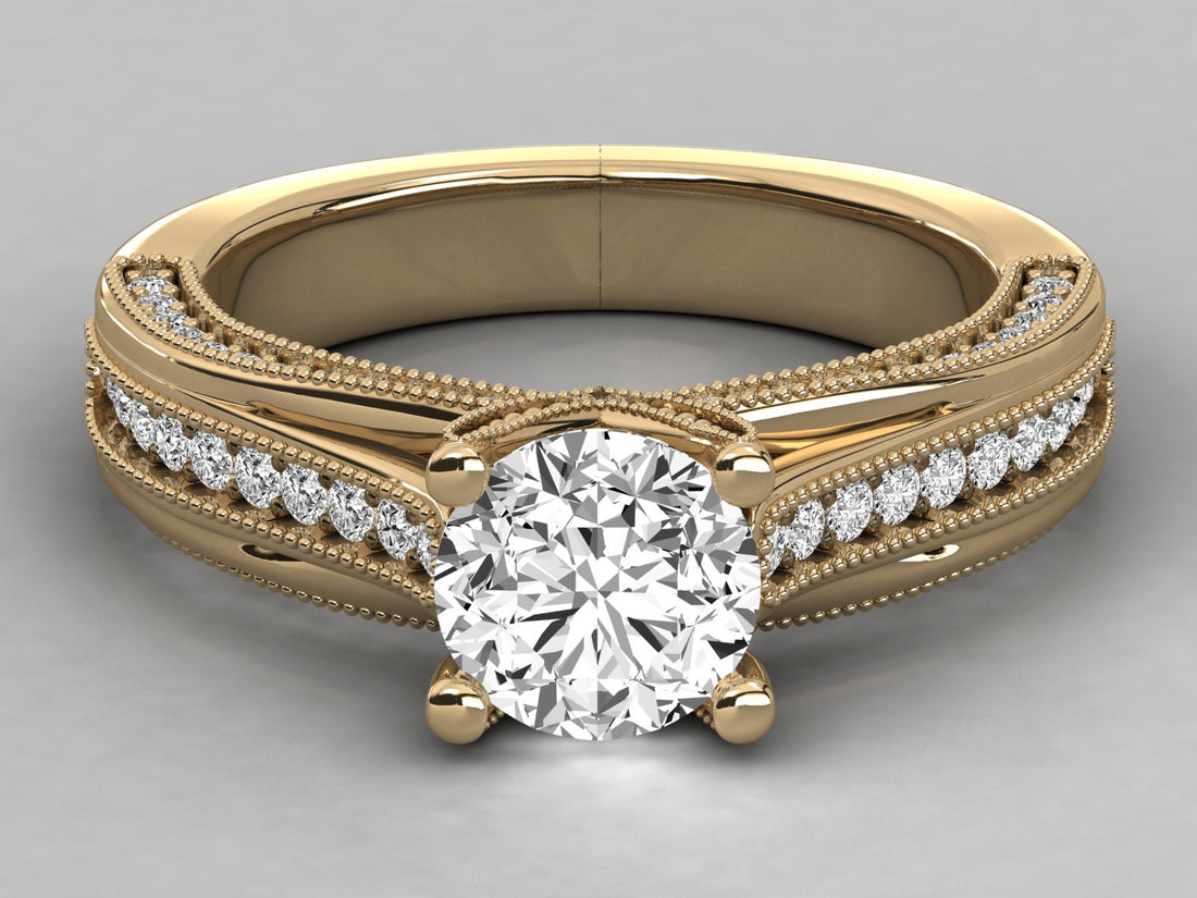 9K GOLD SOLITAIRE ROUND CUT LAB GROWN DIAMOND LADIES BRILLIANT RING.
